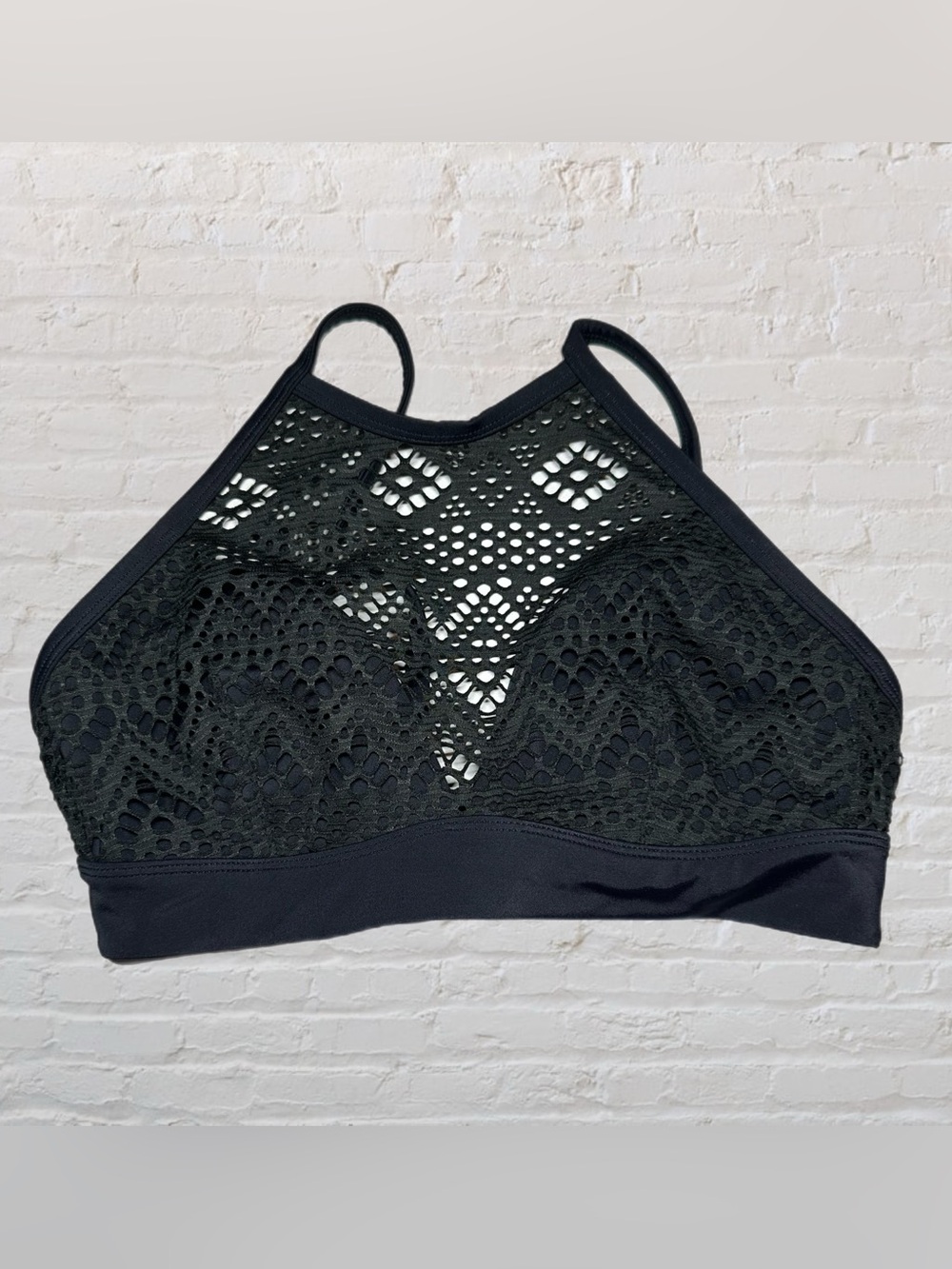 Adore Me NWT Black Halter Crochet Front Open Tie Back Swim Top Size Small